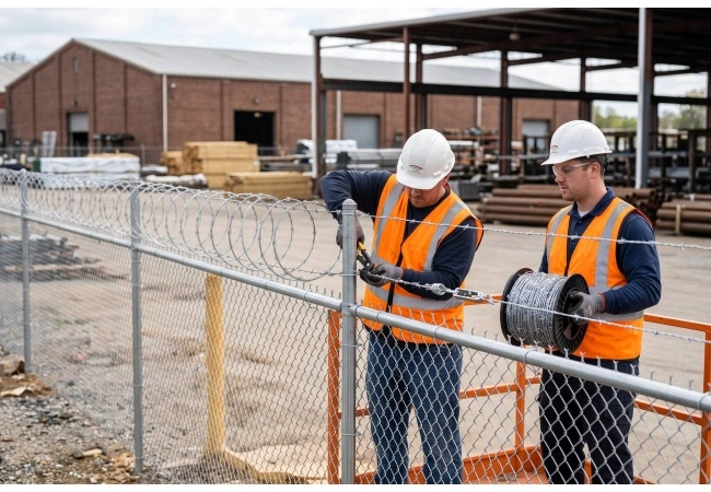 Barbed wire installation on industrial perimeter fence